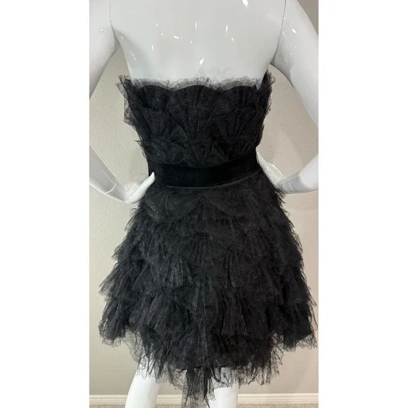 Tadashi Shoji Black Tulle Ruffled Silk Contrast Strapless Bustier Dress Sz 4 - Picture 8 of 12